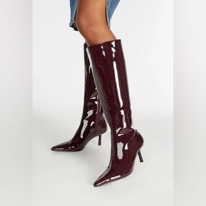BURGUNDY Patent Faux Leather Pointed Toe Low Kitten Heel Boots | JustFab Emilia